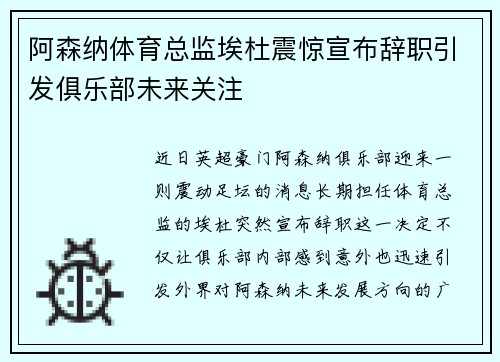 阿森纳体育总监埃杜震惊宣布辞职引发俱乐部未来关注 阿森纳体育总监埃杜震惊宣布辞职引发俱乐部未来关注